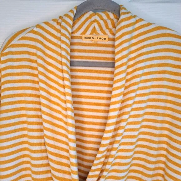 Mesh & Lace Wrap Style Fuzzy Striped Sweater Mustard Yellow White Size Small - Picture 3 of 6